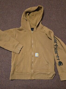 Carhartt Kids Size 10/12 Medium Zip Up Hoodie With Pockets Tan And Black